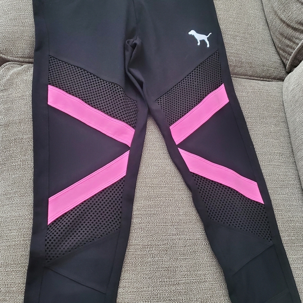 PINK Victoria's Secret Black Leggings with Pink Stripes